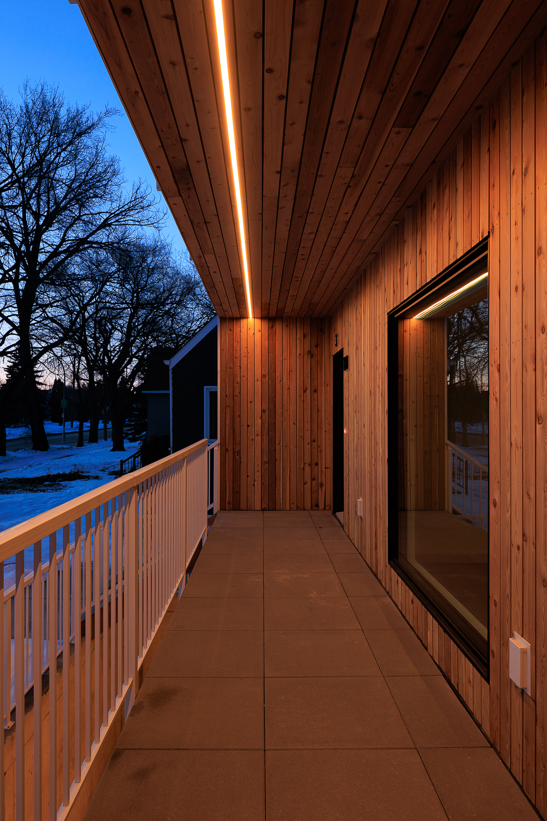 Balcony at dusk with warm LED accent lighting